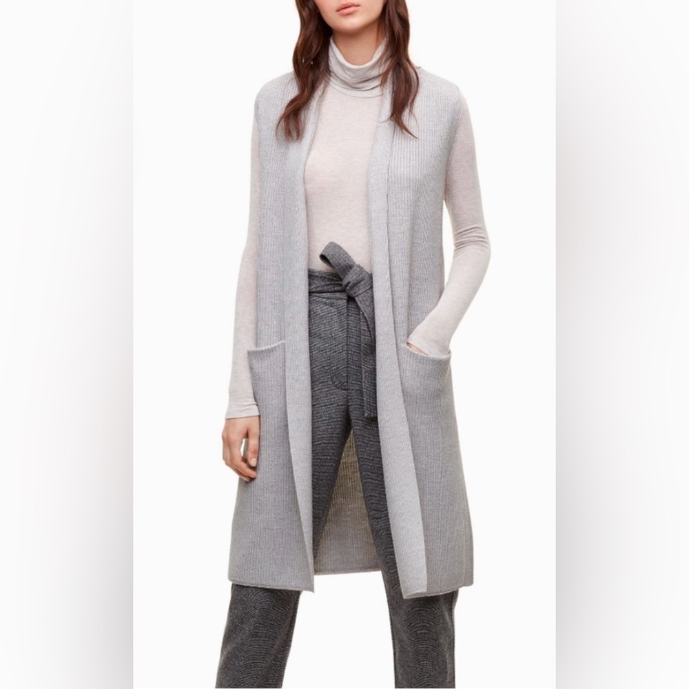 Aritzia Wilfred 100% Wool Longline Cardigan Vest Grey Sleeveless Sweater Small S